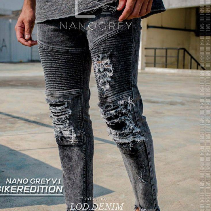 (MENARIK) LOD.DENIM - Celana Panjang Jeans Biker Ripped Denim NANOGREY