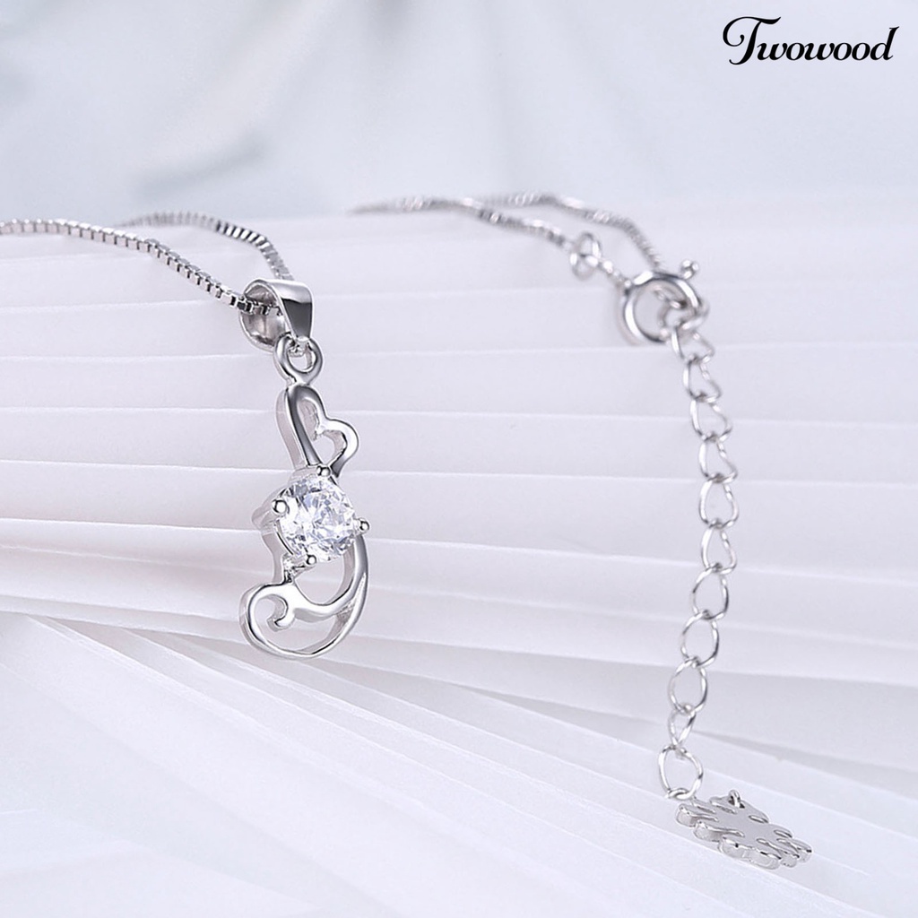 Twowood SILVERHOO Women Necklace Heart Shape Cubic Zirconia 925 Silver Hollow Out Pendant Long Lasting Clavicle Chain for Wedding
