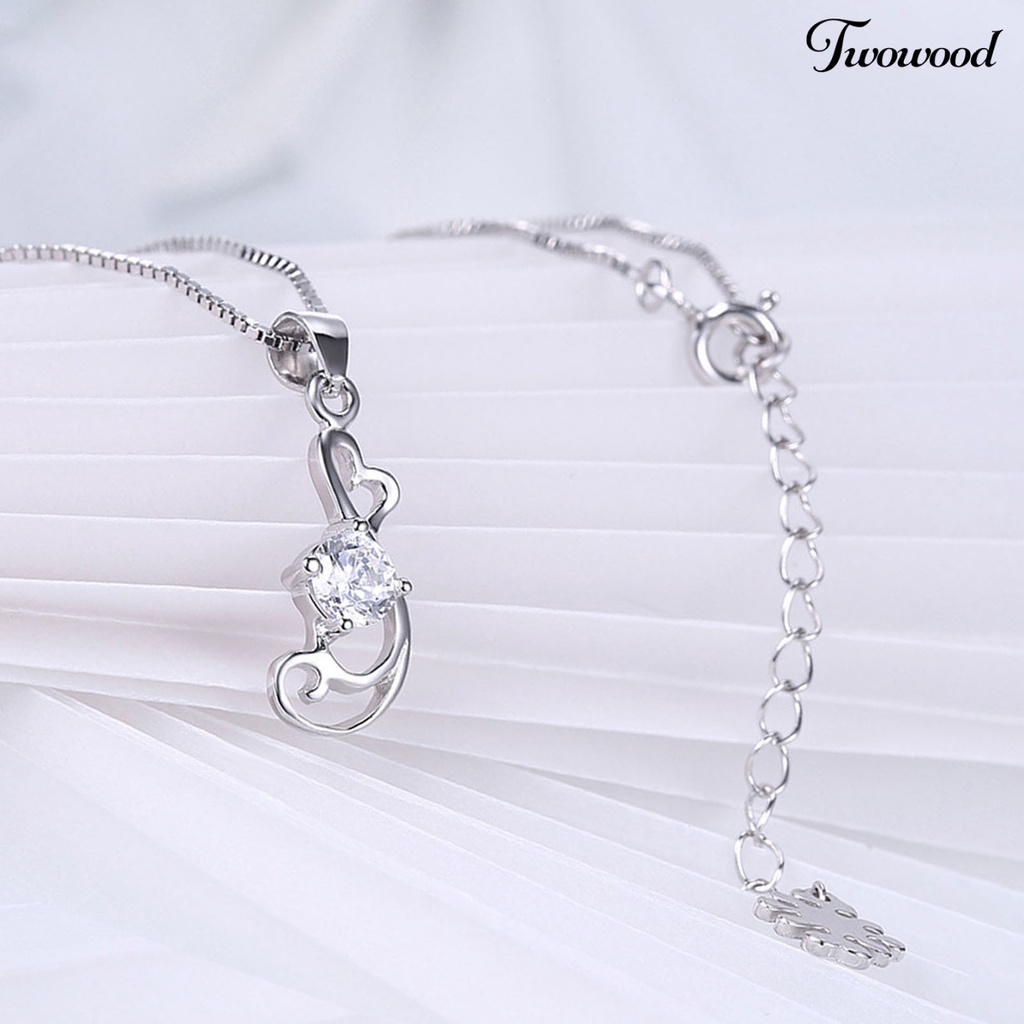 Twowood SILVERHOO Women Necklace Heart Shape Cubic Zirconia 925 Silver Hollow Out Pendant Long Lasting Clavicle Chain for Wedding