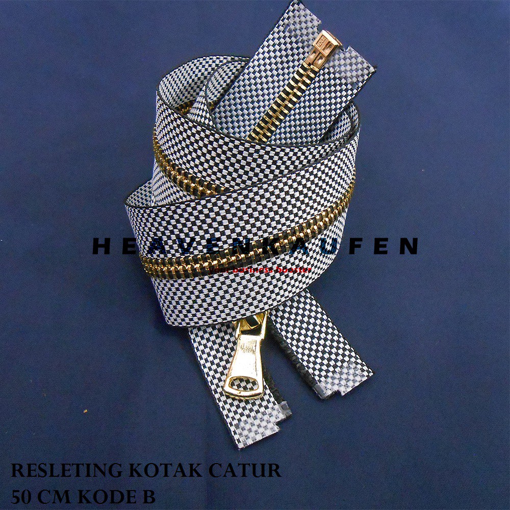 Resleting / Zipper 50 cm Motif Kotak Catur Hitam Putih - Gigi Gold Kode B Untuk Pakaian Busana