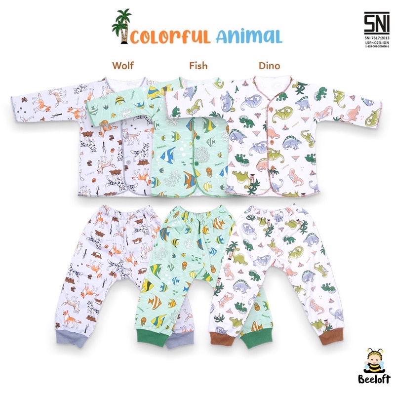 Beeloft Setelan Panjang &amp; Pendek Kancing Depan NewBorn 3pcs - Colorful Animal Series