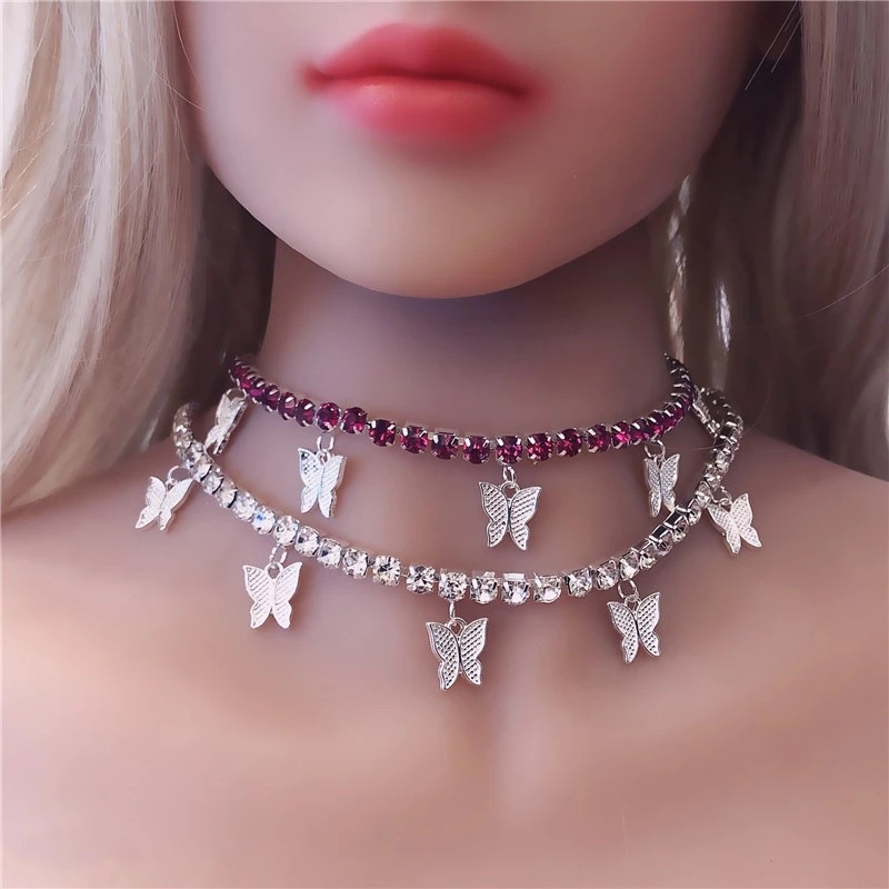 Kalung Choker Dengan Liontin Butterfly Aksen Kristal Berlian Imitasi Untuk Wanita