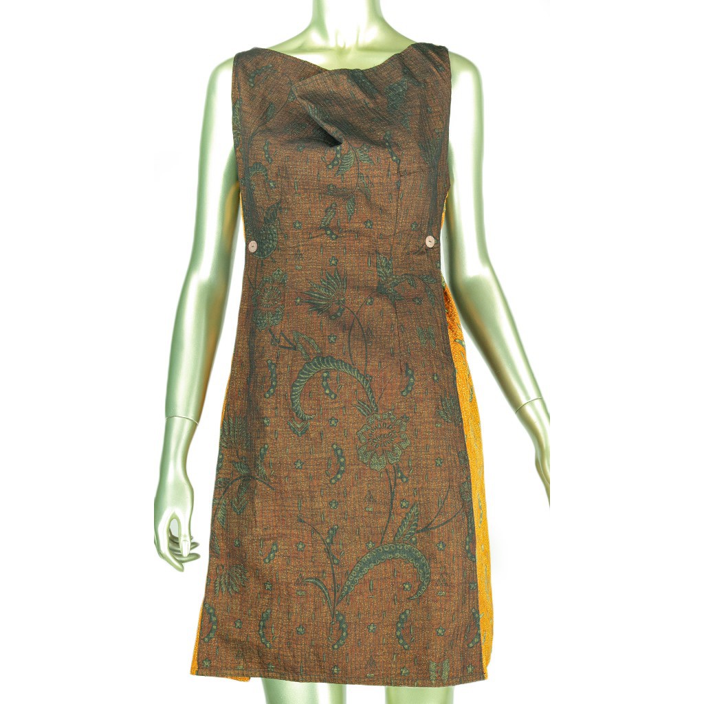 MINI DRESS BATIK LAWASAN TINDIS BENANG EMAS BAJU TERUSAN WANITA LENGAN BUNTUNG SLEEVELESS