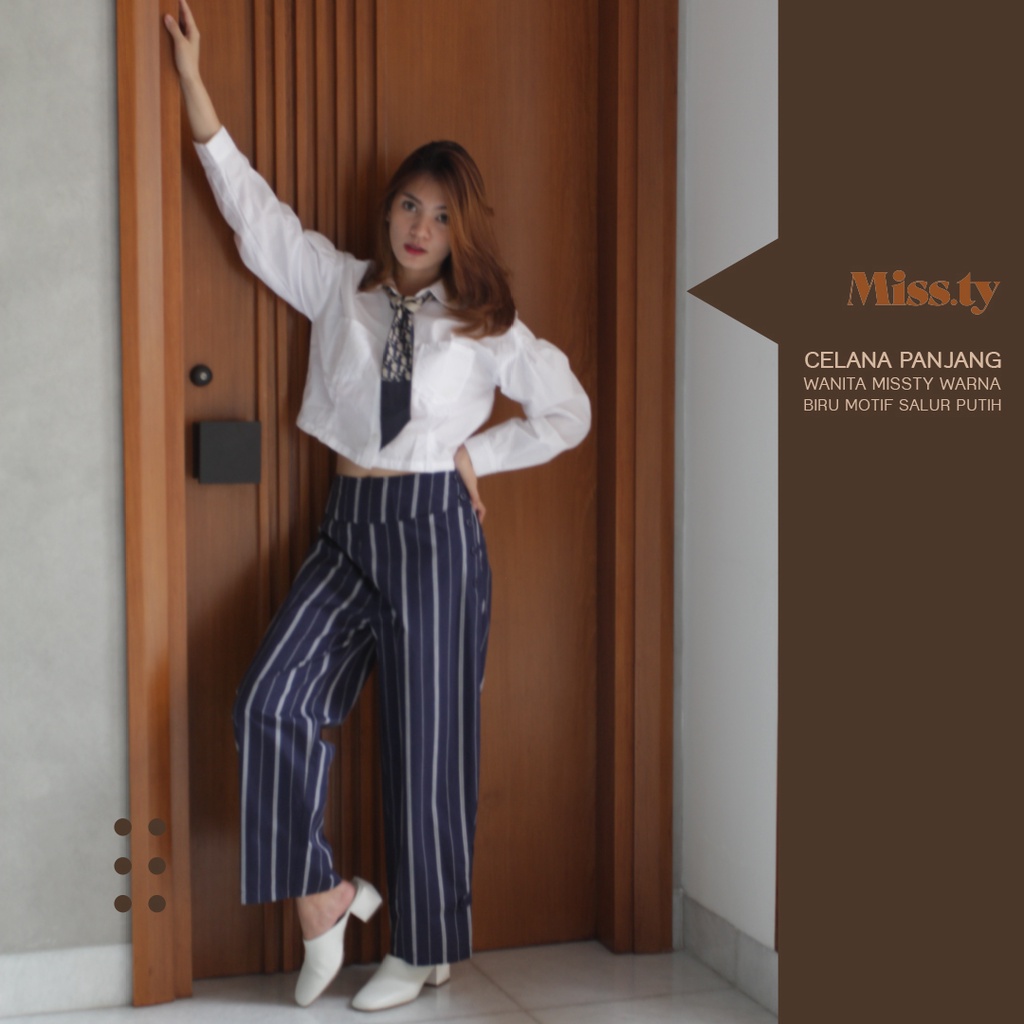 Celana Panjang Wanita Missty Warna Biru Motif Salur Putih (00154)