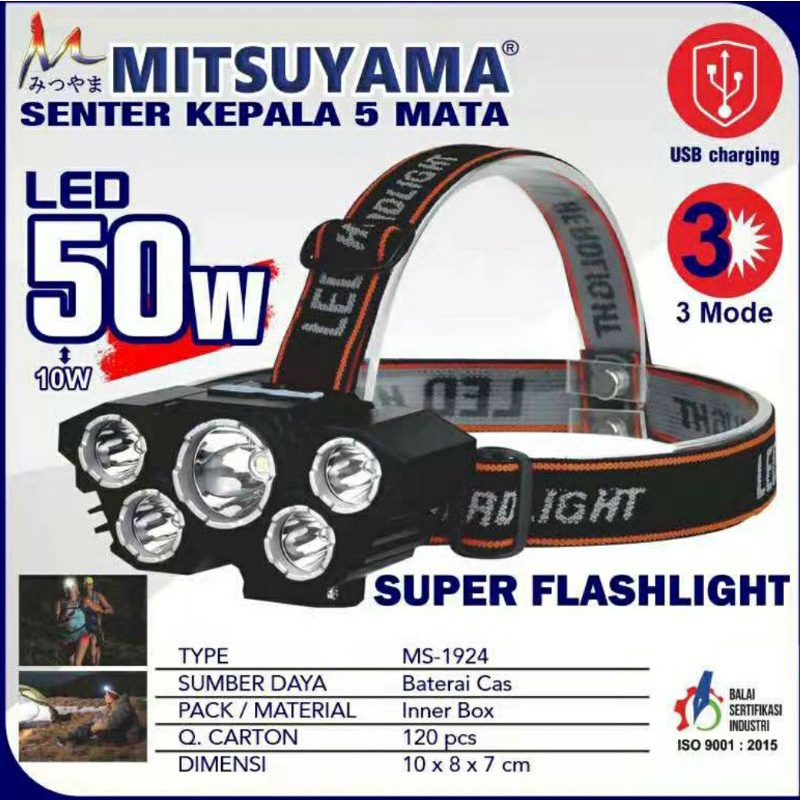 HEADLIGHT LED USB 50W+10W MITSUYAMA MS 1924/SENTER KEPALA 5MATA LED 50W