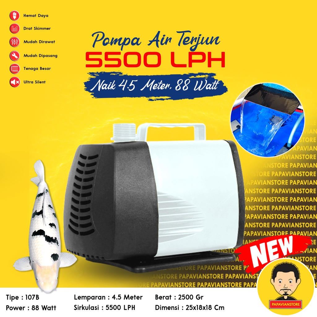 Pompa Air Mesin Filter Celup Sirkulasi Kolam Ikan Koi Besar Low Watt Aquarium Tank Submersible Hidroponik Hydroponic Water Pump Waterfall Air Terjun Hias - 4500 5000 5500 LPH Liter Per Jam 5 Meter Ketinggian 5m P016