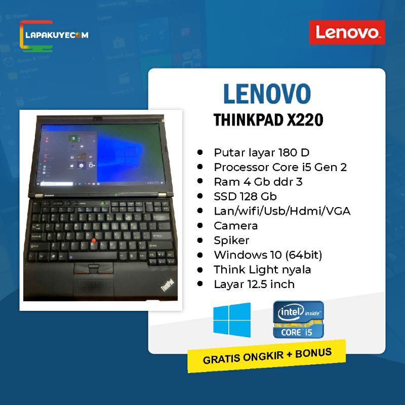 LAPTOP LENOVO THINKPAD X220 CORE I5 RAM 4 SSD 128 GB