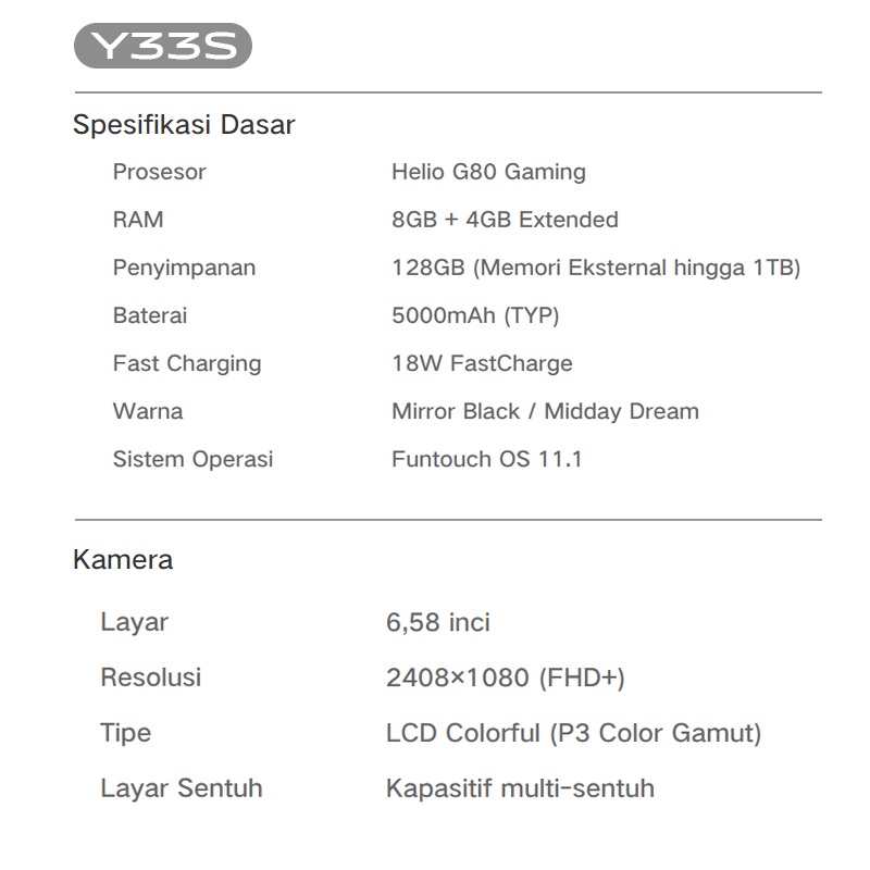 Vivo Y33S 2021 8GB 128GB 8GB + 4GB Extended Helio G80 Gaming  Eksternal hingga 1TB 6,58 inci 50MP Garansi Resmi Original Termurah Handphone baru 2021-1