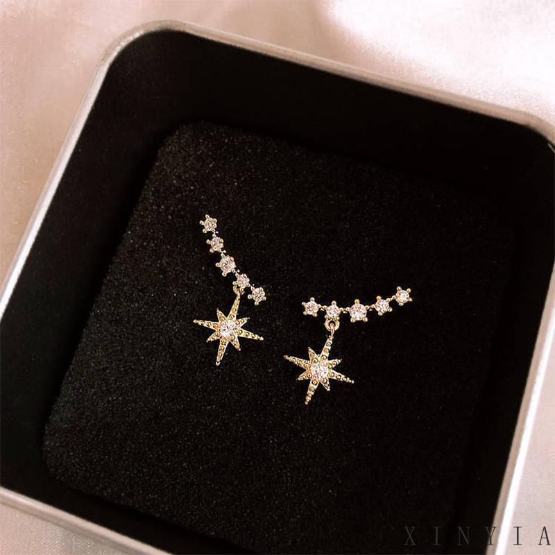 【COD】Anting Bentuk Bintang Hexagram Aksen Kristal Warna Emas Untuk Wanita