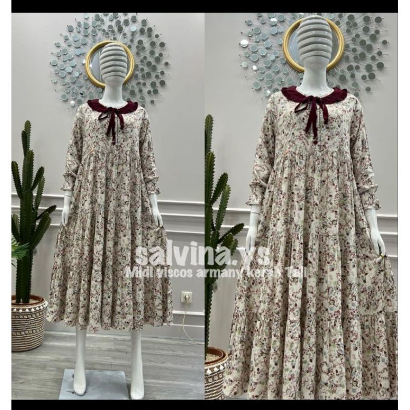 gamis salvina ys original kerah pita motif bunga