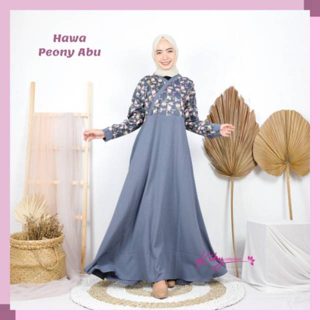 Gamis ala korea model hawa motif peony kombinasi katun jepang ori dan ity crepe