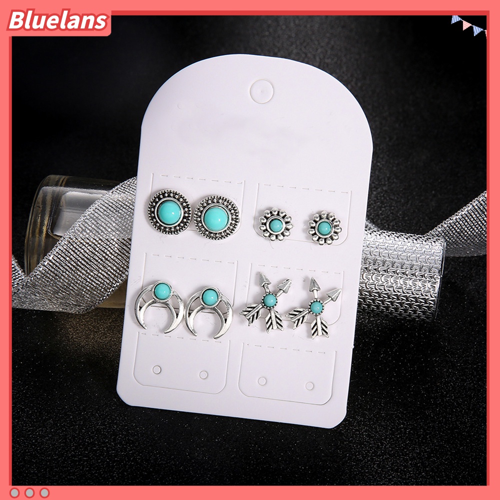 4 Pasang Anting Stud Desain Bunga Panah Turquoise Tiruan Untuk Wanita