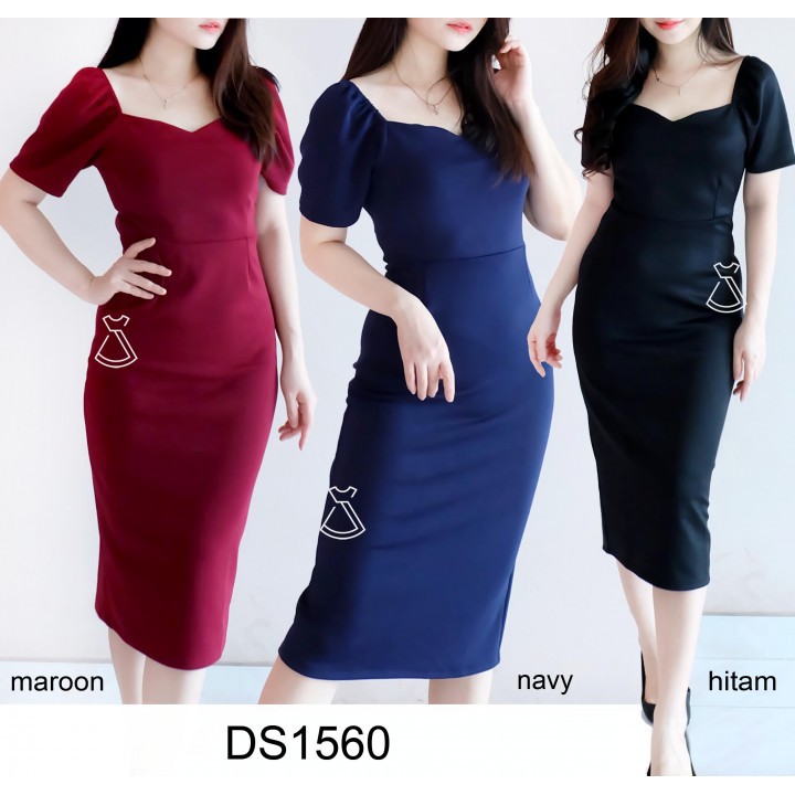 DS1560 - Dress Midi Korean Look Dress Party Scuba