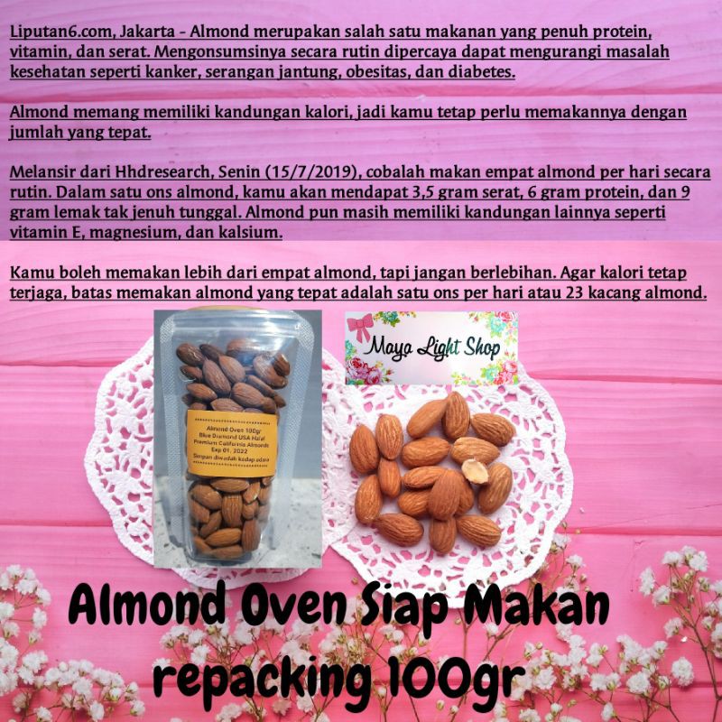 Almond oven 100gr roasted almond halal kacang almond panggang badam asibooster cemilan bumil promil diet keto vegan vegetarian