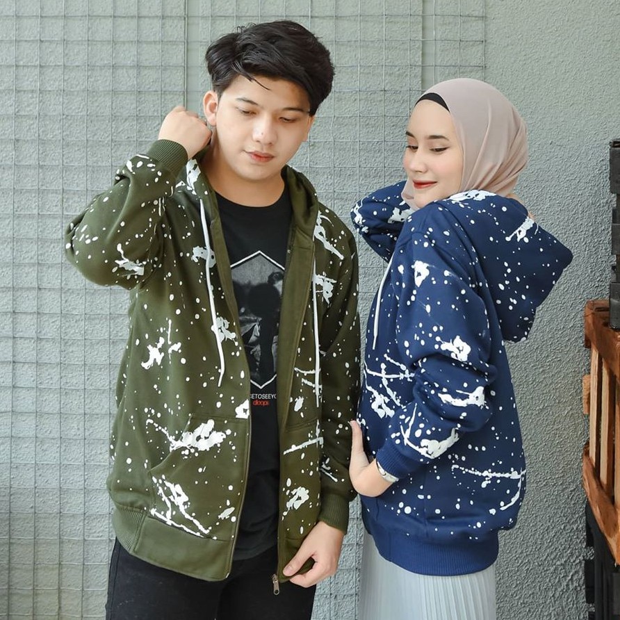 Jacket Couple Blotches Hoodie Zipper Bahan Fleece  Jacket Atasan Wanita Terbaru