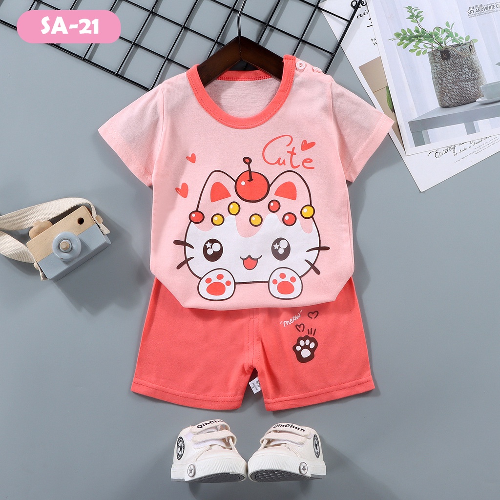 Baju Setelan Jalan Anak Laki Laki Perempuan Katun Lengan Pendek Model Terbaru umur 1 - 5 tahun