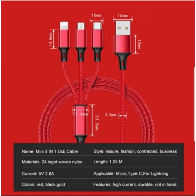 Kabel 3in1 setara fast charging kabel casan cabang 3 kabel powerbank kabel casan mobil 3in1 kabel charger 3 kepala