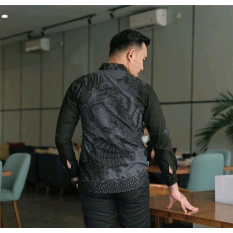 YASNAYA HITAM baju batik pria lengan panjang modern Slim fit katun printing sanfores furing halus / kemeja / pakaian batik kerja pria