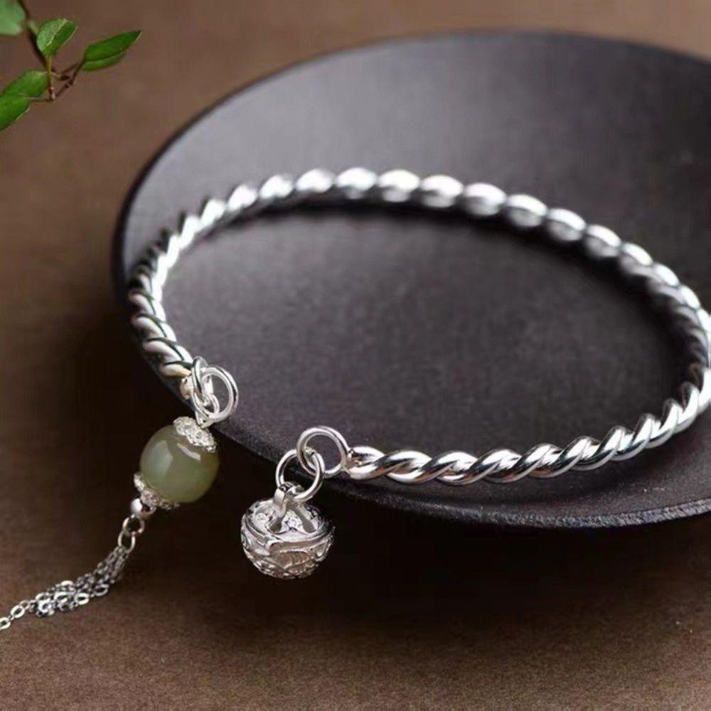 Needway Hetian Chalcedony Gelang Retro Craft Lady Cincin Satu Langkah Sekaligus Gaya China Ringan Mewah Temperamen Bell Gelang