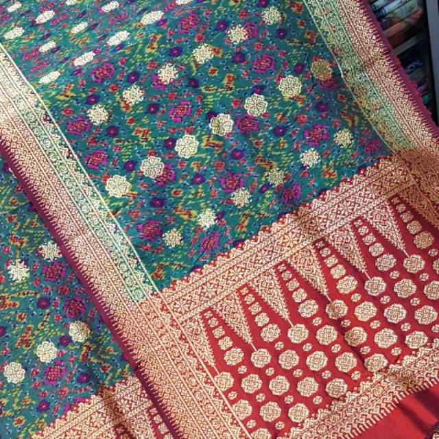 Songket palembang asli sutra limar ori hijau bunglon melati tabur kristal gold intan berlian asli