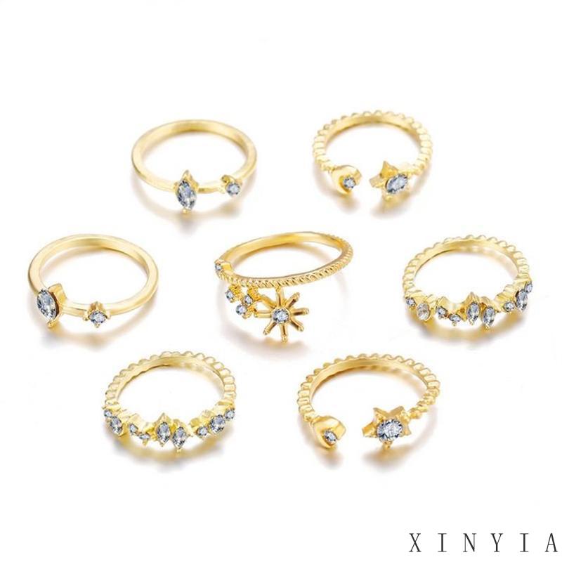 Set Cincin Berlian Mutiara Bentuk Bulan Bintang Dan Daun Gaya Retro Untuk Wanita