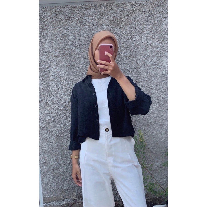 Tq88indonesia Fashion Kemeja Crop Wanita Terbaru / Kem Hanin Crincle Crop / Kemeja Polos Lengan Panjang Wanita / Baju Natal / Hem Cewek / Baju Crop