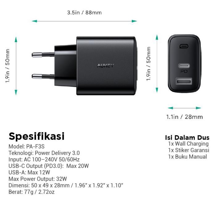 AUKEY PA-F3S - Swift Series - Dual Port Charger 32W Max Support PD 3.0 - Charger 2 Port 32W MAX