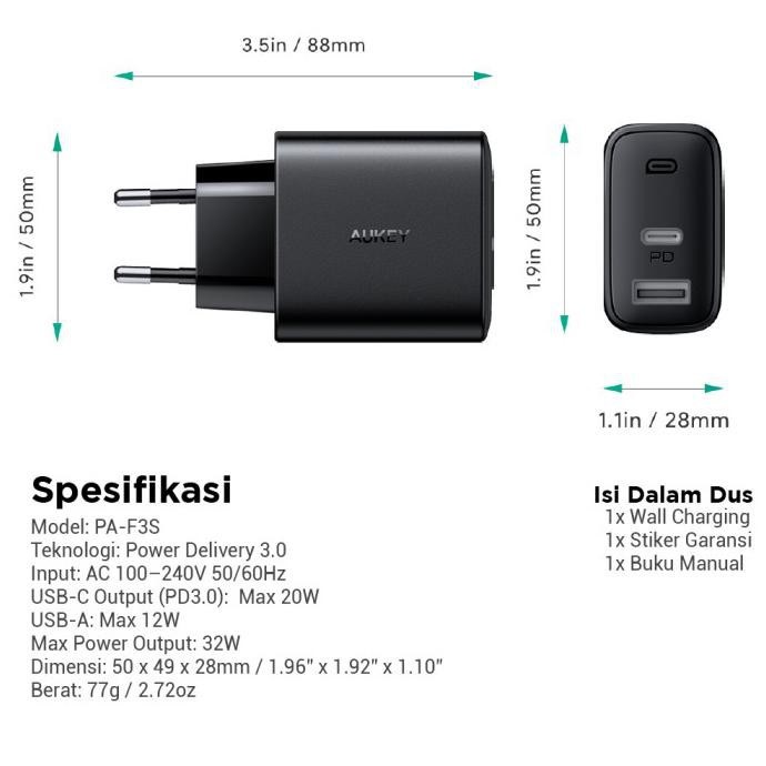 AUKEY PA-F3S - Swift Series - Dual Port Charger 32W Max Support PD 3.0