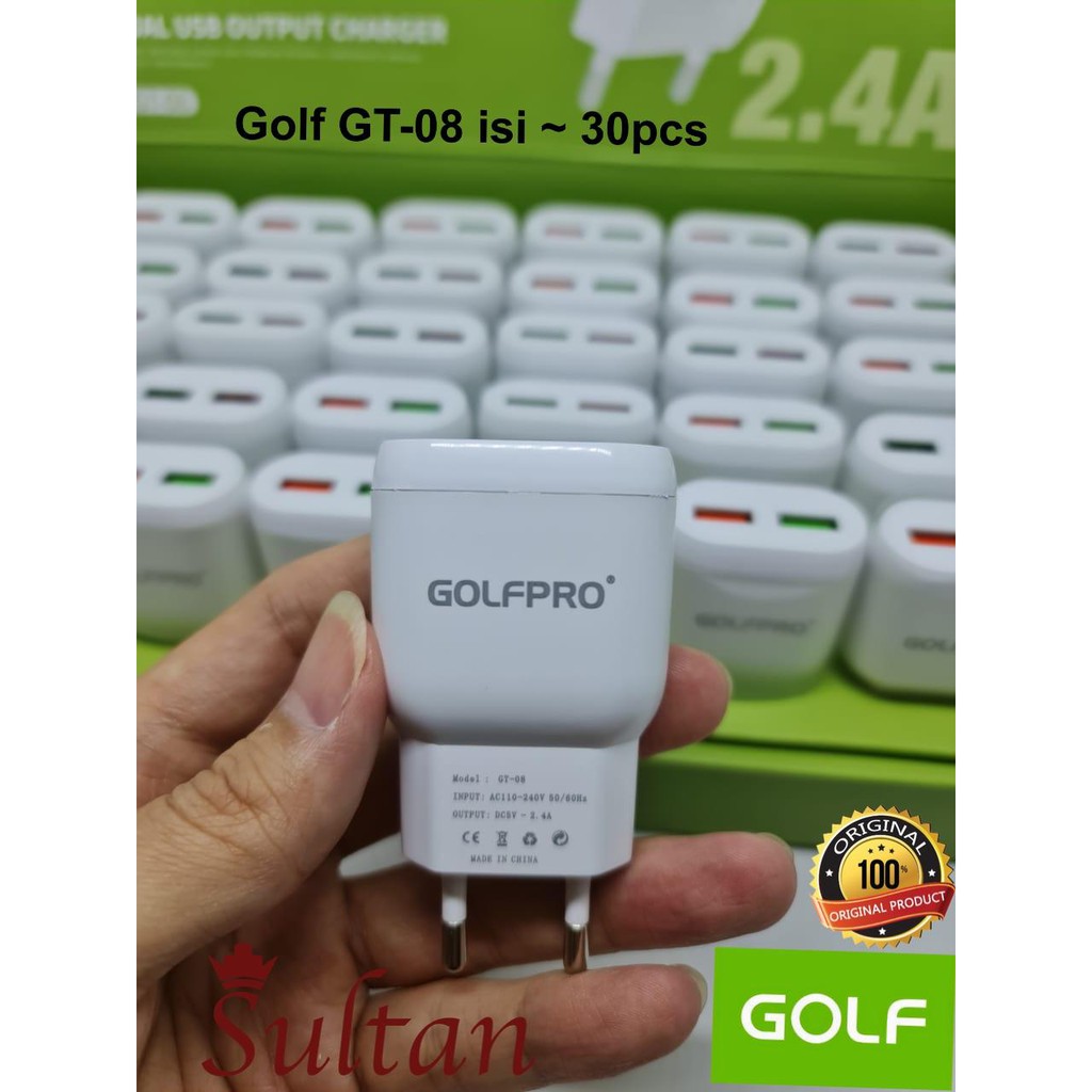 TRAVEL ADAPTOR BATOK CHARGER FLECO GOLF GT08 2USB 2.4A PERKOTAK ISI 30 PCS ORIGINAL GARANSI 1 TAHUN