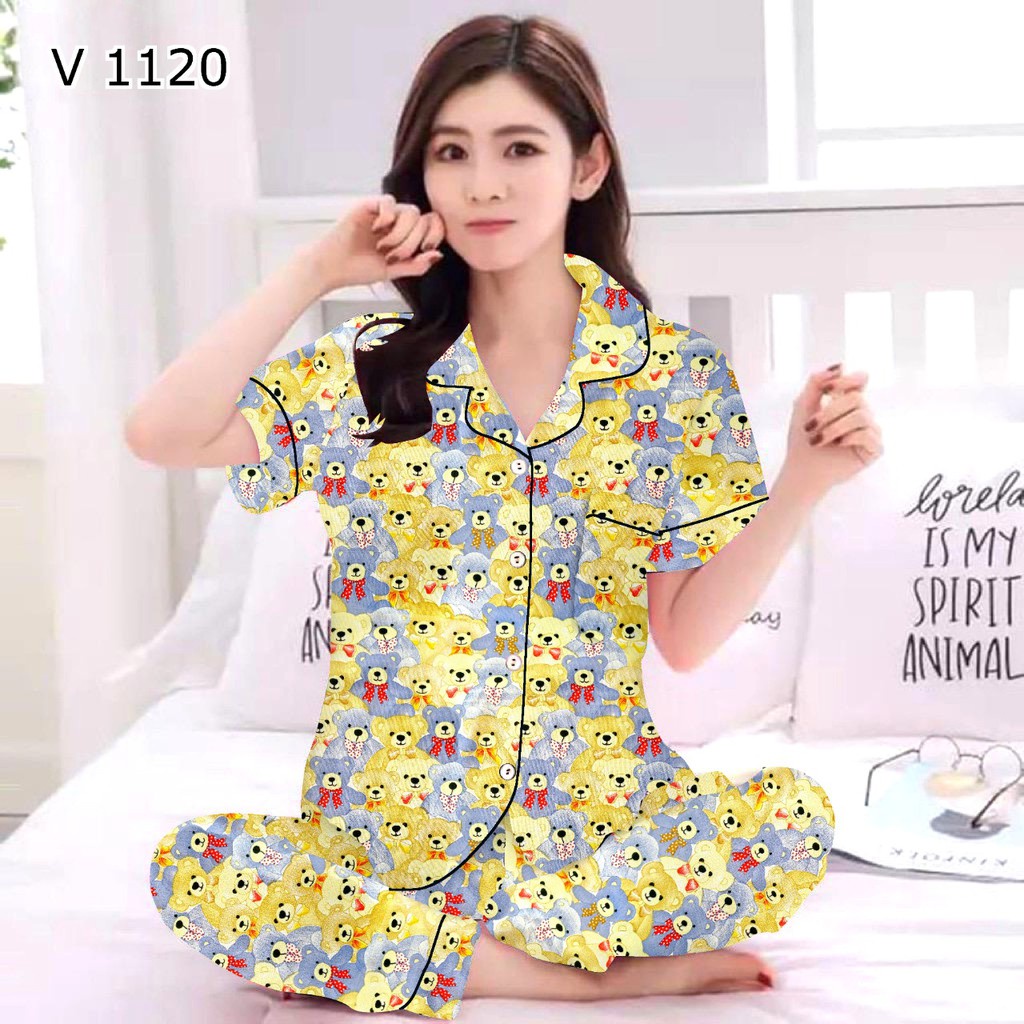 JNV Piyama CP Wanita Motif Karakter Kartun 04 - Baju Tidur Lengan Pendek - Bahan Katun-Mini Bear Ungu