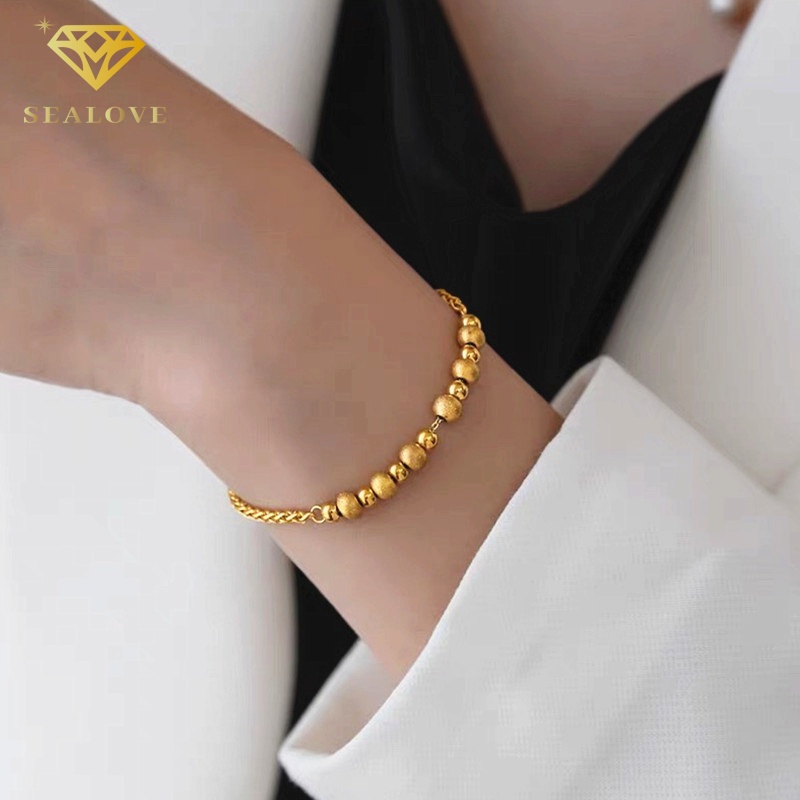 SEALOVE Gelang Titanium Asli Manik-Manik Emas 18K Cantik Anti Karat Perhiasan Wanita Korea