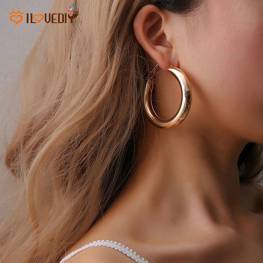 Punk Rock Minimalist 50mm Thick Tube Big Gold Alloy Round Circle Hoop Earrings