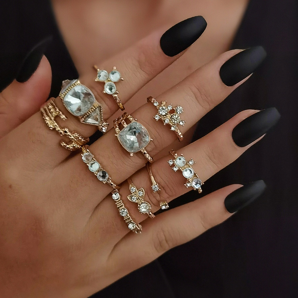 6pcs / set Cincin Jari Desain Geometri Asimetris Hias Berlian Imitasi Gaya Eropa Amerika