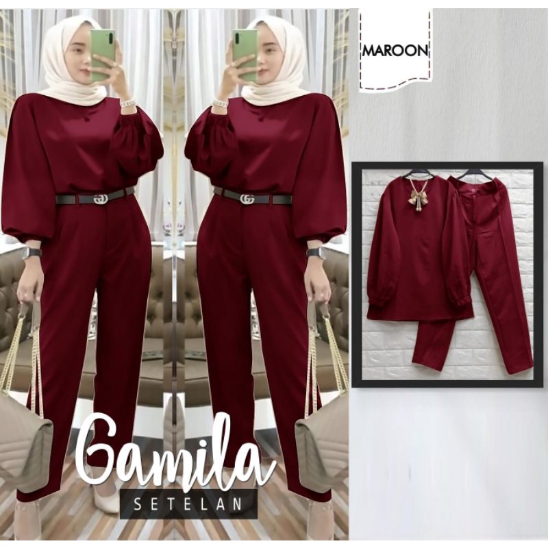 SET GAMILA FASHION PAKAIAN WANITA SETELAN ATASAN DAN CELANA BAHAN MOSCREPE JCHM