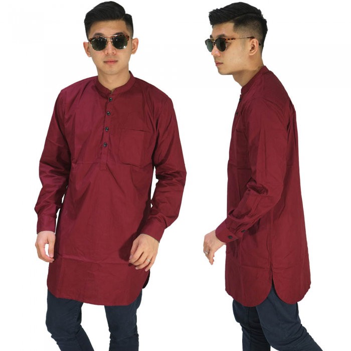 Baju Koko Muslim Kurta Gamis Pria Lengan Panjang Polos Merah Maroon