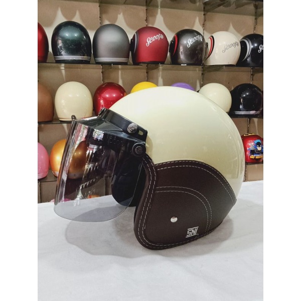 AIZO Semi Kulit Helm Half Face Warna Cream Glossy SNI Helm Berkualitas COD Free Packing Kardus dan B