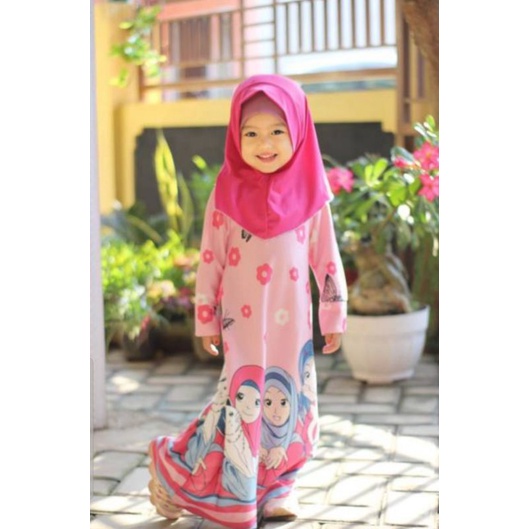 Gamis Misby Anak + Hijab Estimasi Usia 2-5 Thn / Gamis Anak Motif Kartun