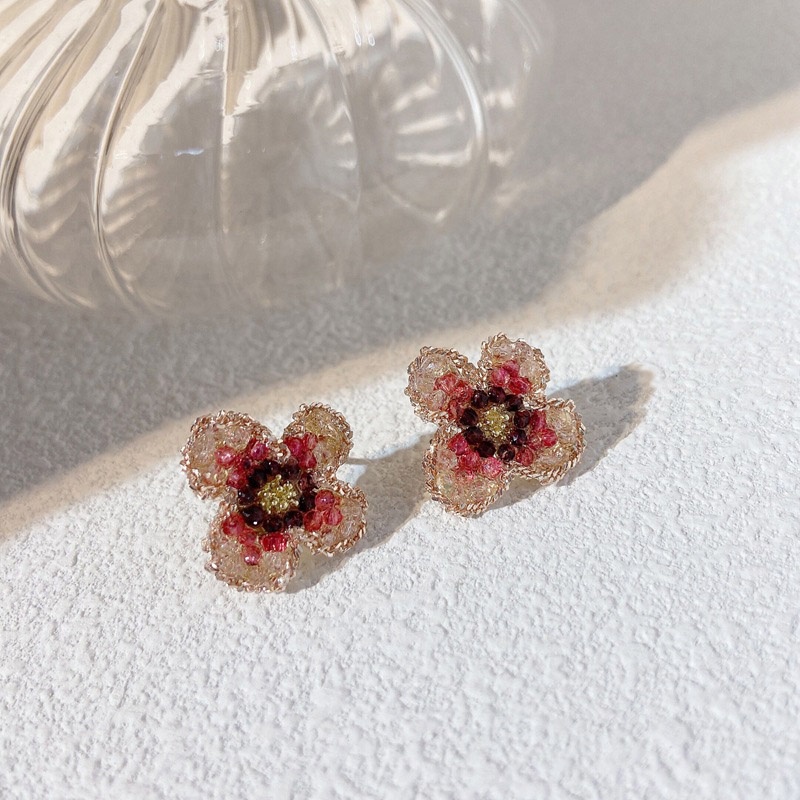 Anting 925 Silver Needle Desain Bunga Merah Gradien Gaya Retro