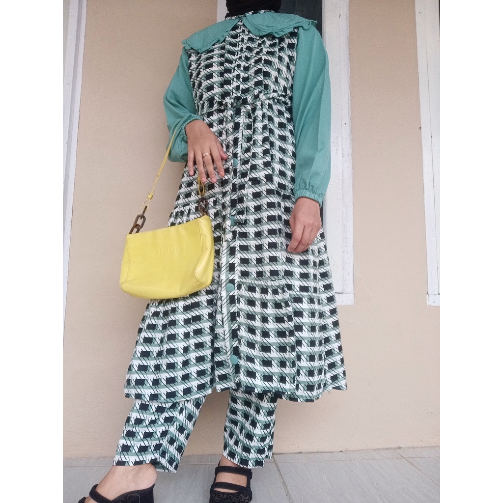 SETELAN STELAN SETCEL LONG TUNIK KOTAK MINT