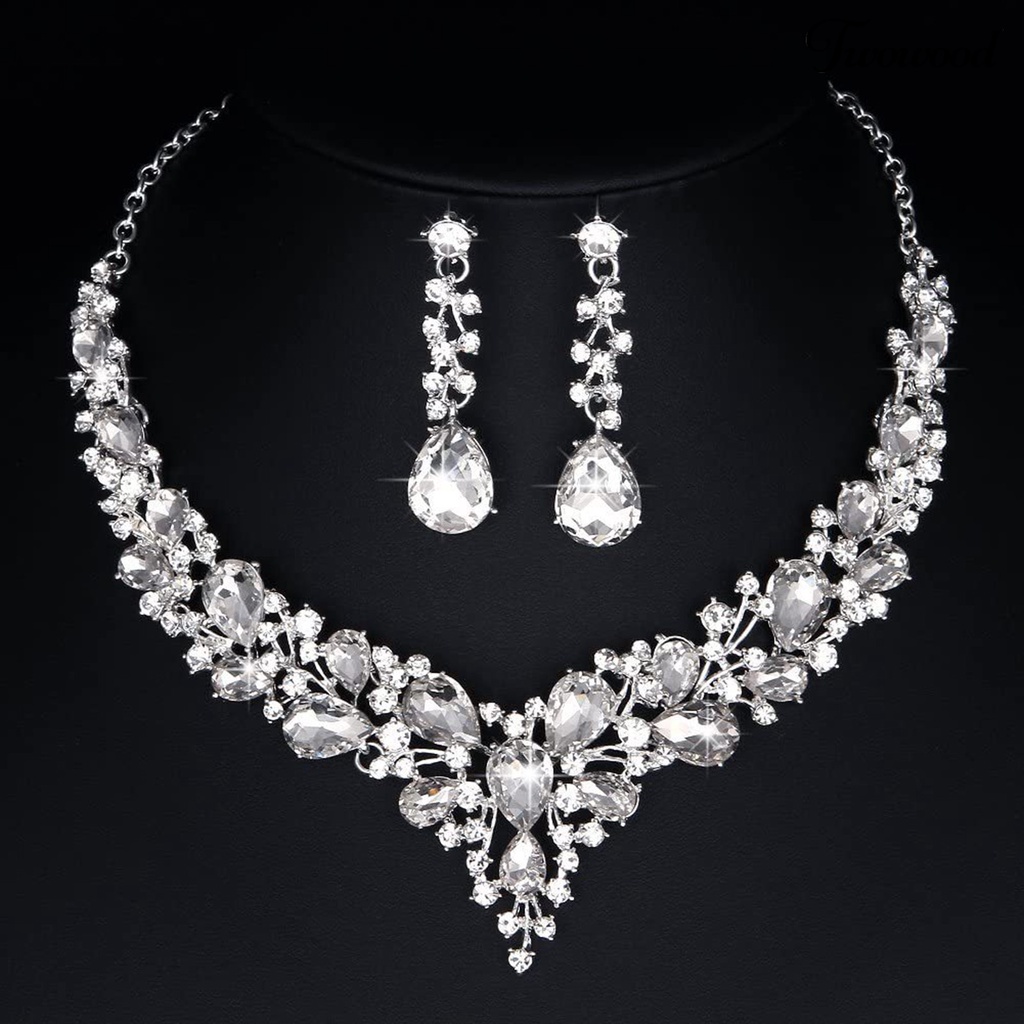 Twowood Alloy Wedding Jewelry Set Hollow Out Lightweight Shiny Rhinestone Necklace Earring Set for Banquet