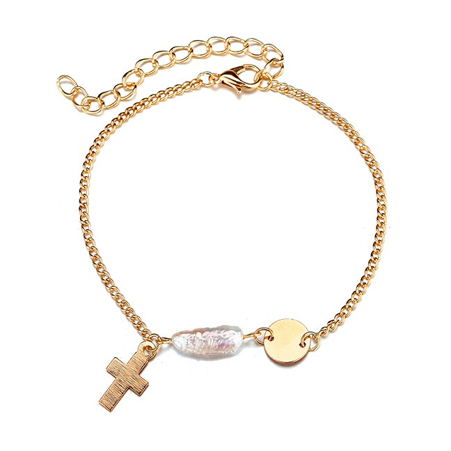 LRC Gelang Tangan Fashion Gold Sequined Cross Freshwater Pearl Bracelet F76891