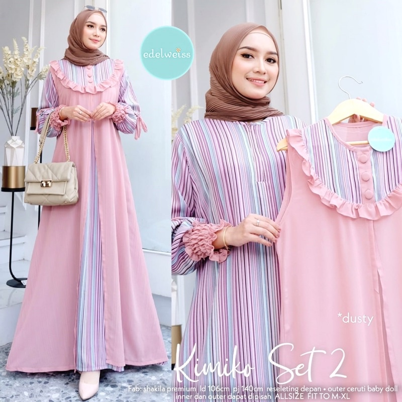 GAMIS KIMIKO SET SETELAN OUTER CARDI LAYER LINEN KOMBINASI COMBINASI CETURY CERUTI MOTIF GARIS SALUR