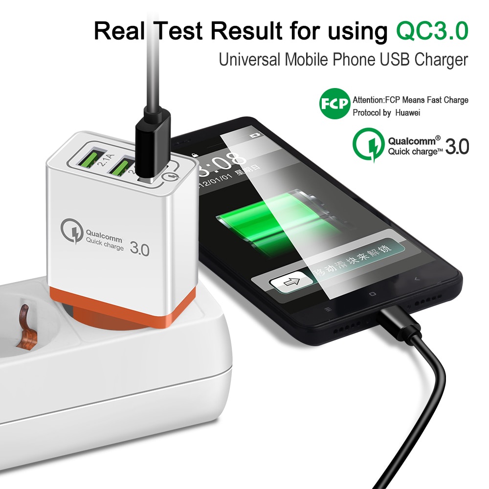 Taffware Charger USB 3 Port + Qualcomm QC 3.0 Fast 3 USB Charger Quick Charge 3.0 Fast USB Wall Charger Portable Mobile Charger QC 3.0 Adapter for Xiaomi iPhone X EU US Plug 3 Ports Quick Charger QC3.0 Phone USB Charger Fast Charging EU Plug Mobile Phone