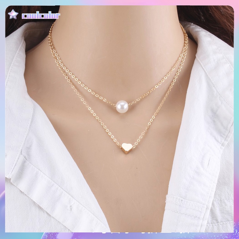 【Ready stock】Kalung Rantai Wanita Klavikula Pendek Multilayer Aksen Mutiara Ganda Untuk Hadiah Ulang Tahun Simple fashion murah COD