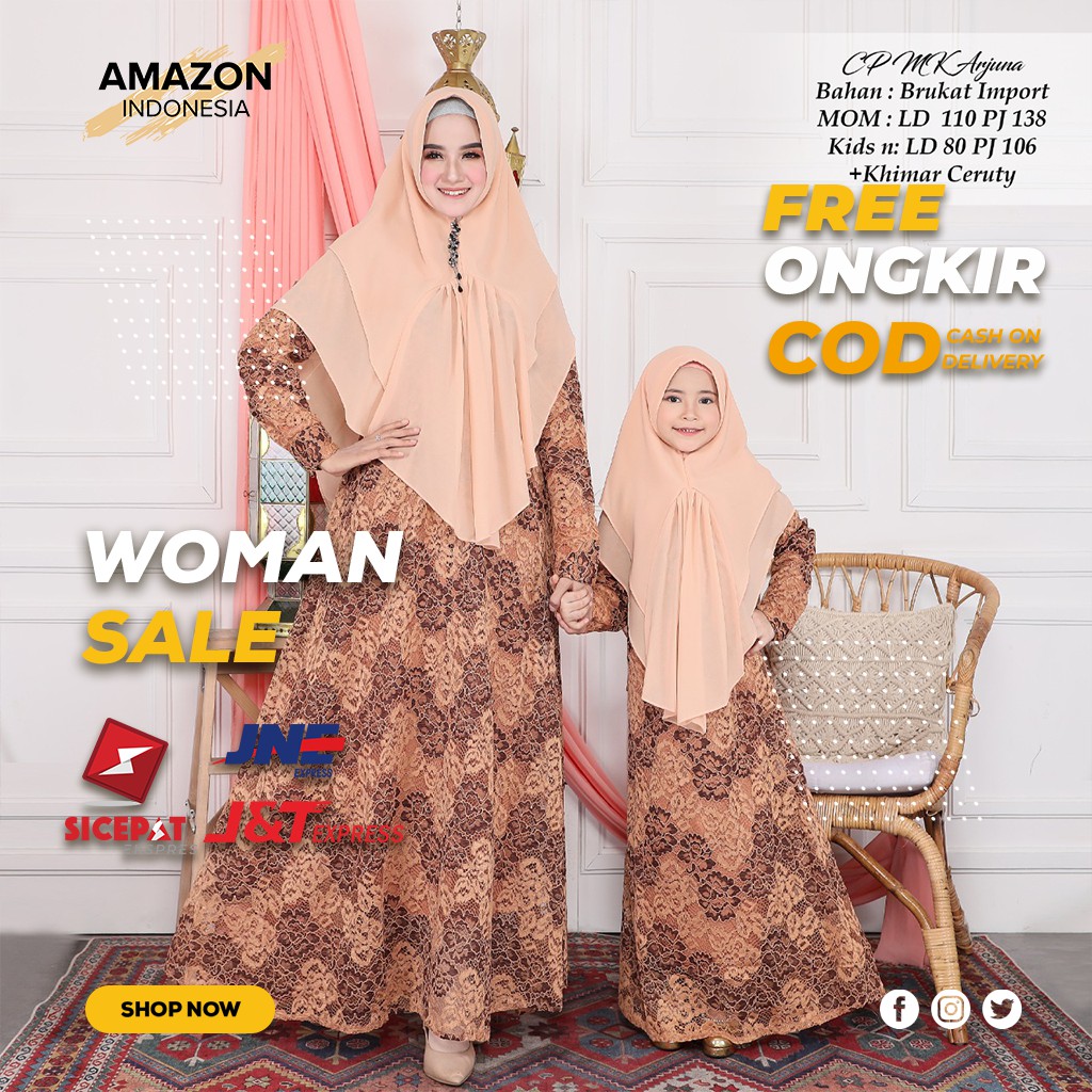 PAKAIAN WANITA GAMIS MUSLIM SATU SET IBU DAN ANAK WARNA CHOCO COKELAT BAHAN CORNELY LAPIS LURING ORI