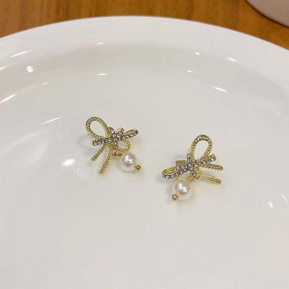 Mxbeauty Anting Busur Fashion Pesta Pernikahan Mutiara Ikatan Simpul Gaya Korea Berlian Imitasi Stud Earrings