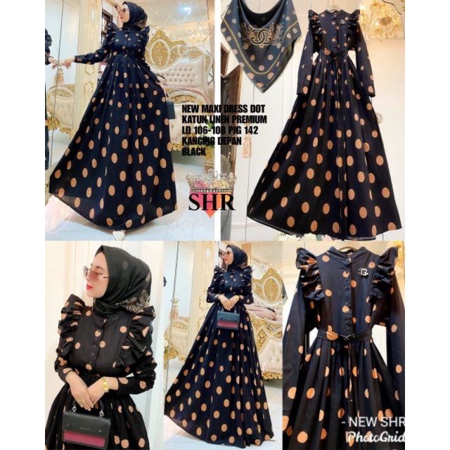 COD !! READY NEW SHR ORI 100% DRESS MAXI KATUN LINEN POLKA DOT REMPEL PREMIUM EID MUBAROK SYAHIRA EDISI LEBARAN-4