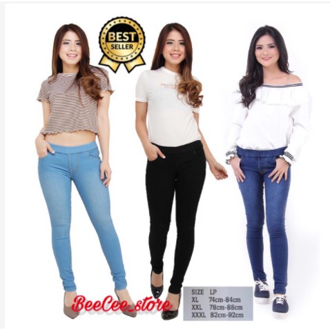 Celana JEANS jegging wanita skinny. Pinggang full karet bahan melar