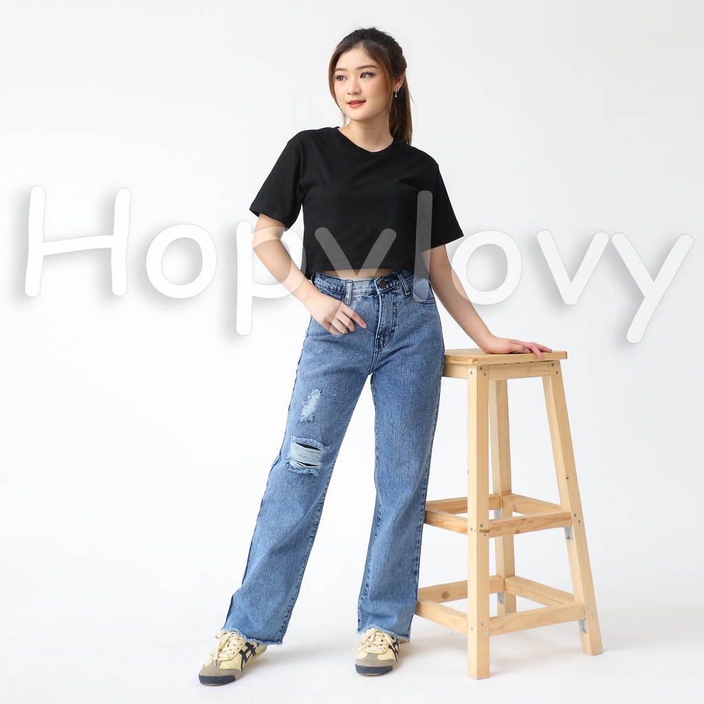 HOPYLOVY Celana Loose Jeans Wanita Boyfriend High Waist Jeans Sobek Furing Rawis Danira