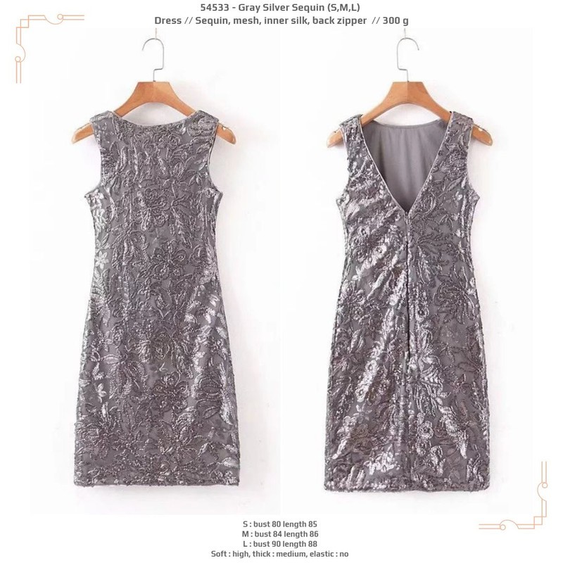 54533 Gray Silver Sequin Dress / Dress Pesta Mini Perak Abu-Abu